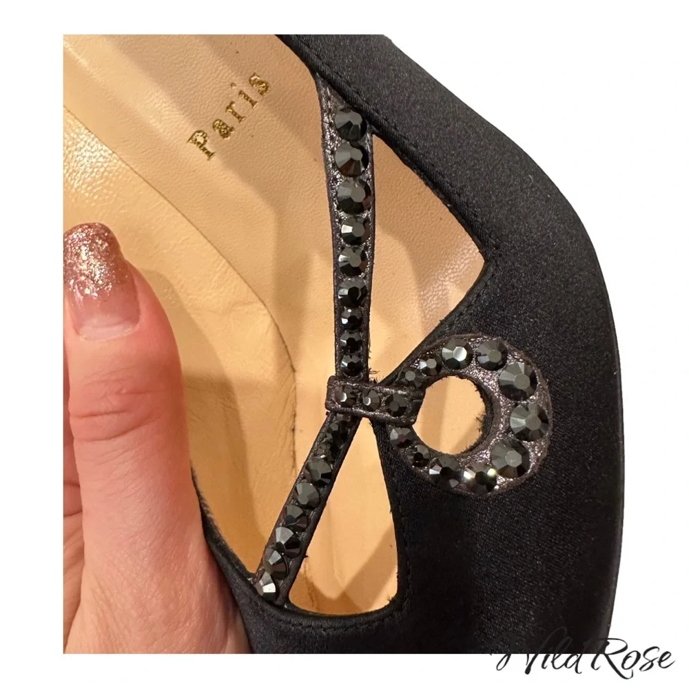 CHRISTIAN LOUBOUTIN Black Satin Rhinestone Embellished Heels SZ 38 - Picture 5 of 15